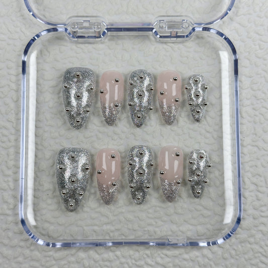 * Silver Stud Glam | Handmade Press-On Nails | Style No. A047 | Nude & Glitter Silver with 3D Chrome Beads