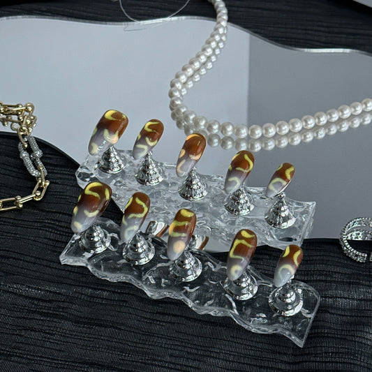 Amber Mist | Handmade Press-On Nails | Style No. A043 | Glow-in-the-Dark Gradient Brown-White