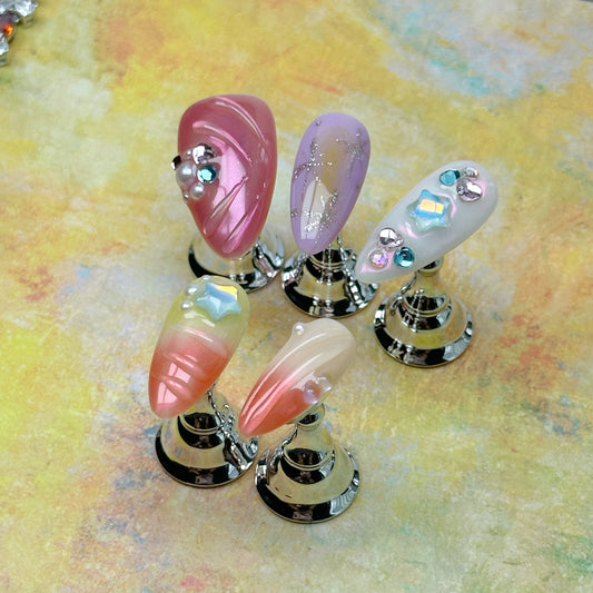 * Cotton Candy Dream | Handmade Press-On Nails | Style No. A046 | Iridescent Jelly Gradient + 3D Beads + Stars