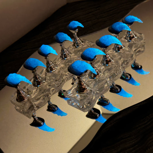 * Deep Sea Glow | Handmade Press-On Nails | Style No. A041 | Glow-in-the-Dark Spiral Tips, Ocean Blue & Silver Glitter