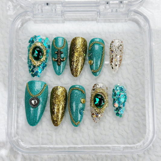* Emerald Baroque | Handmade Press-On Nails | Style No. A002 | Reusable, Long-Lasting, Luxury Nail Set