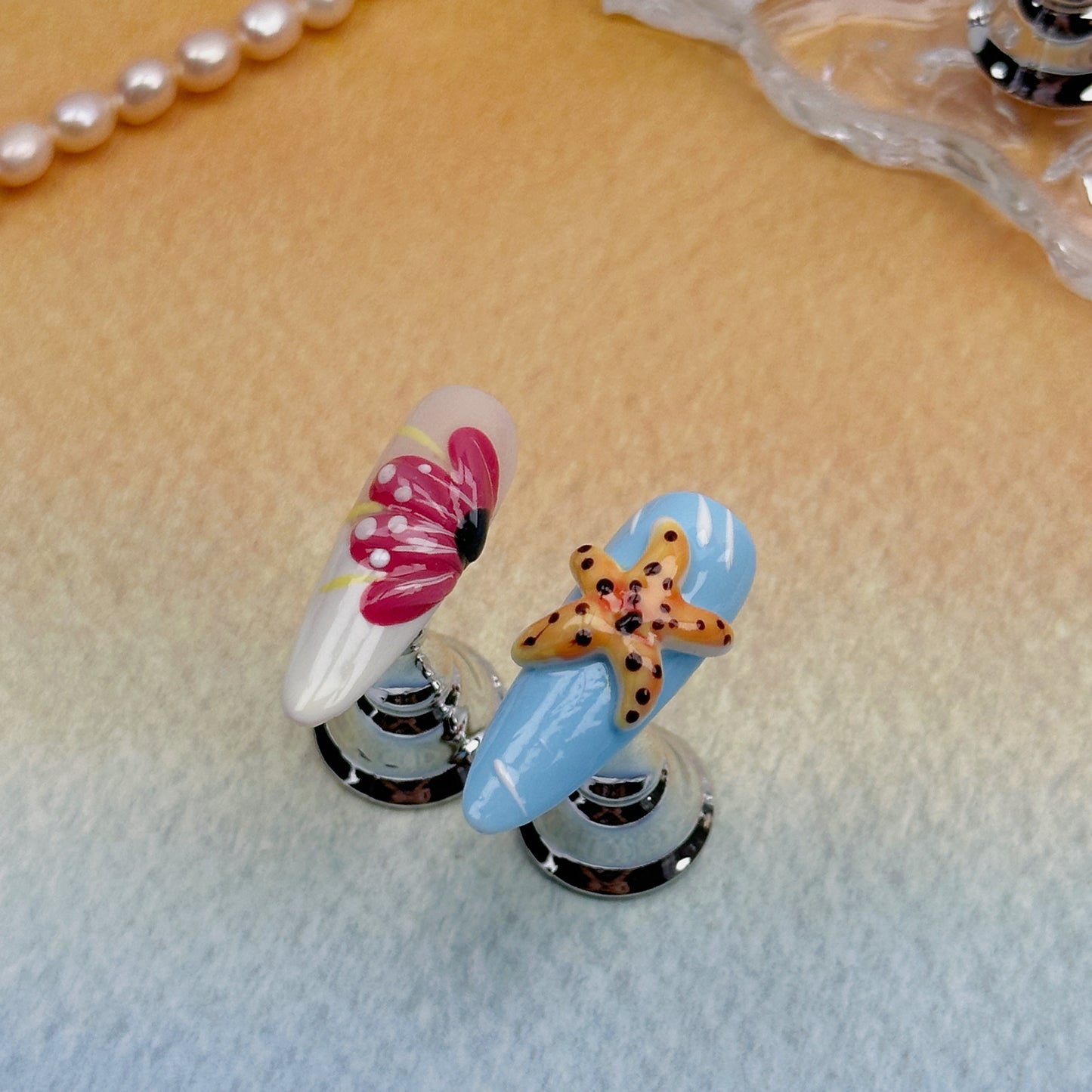 Tropical Vibes | Handmade Press-On Nails | Style No. A022 | Summer Colors, 3D Sea Life Accents, Reusable Nail Set