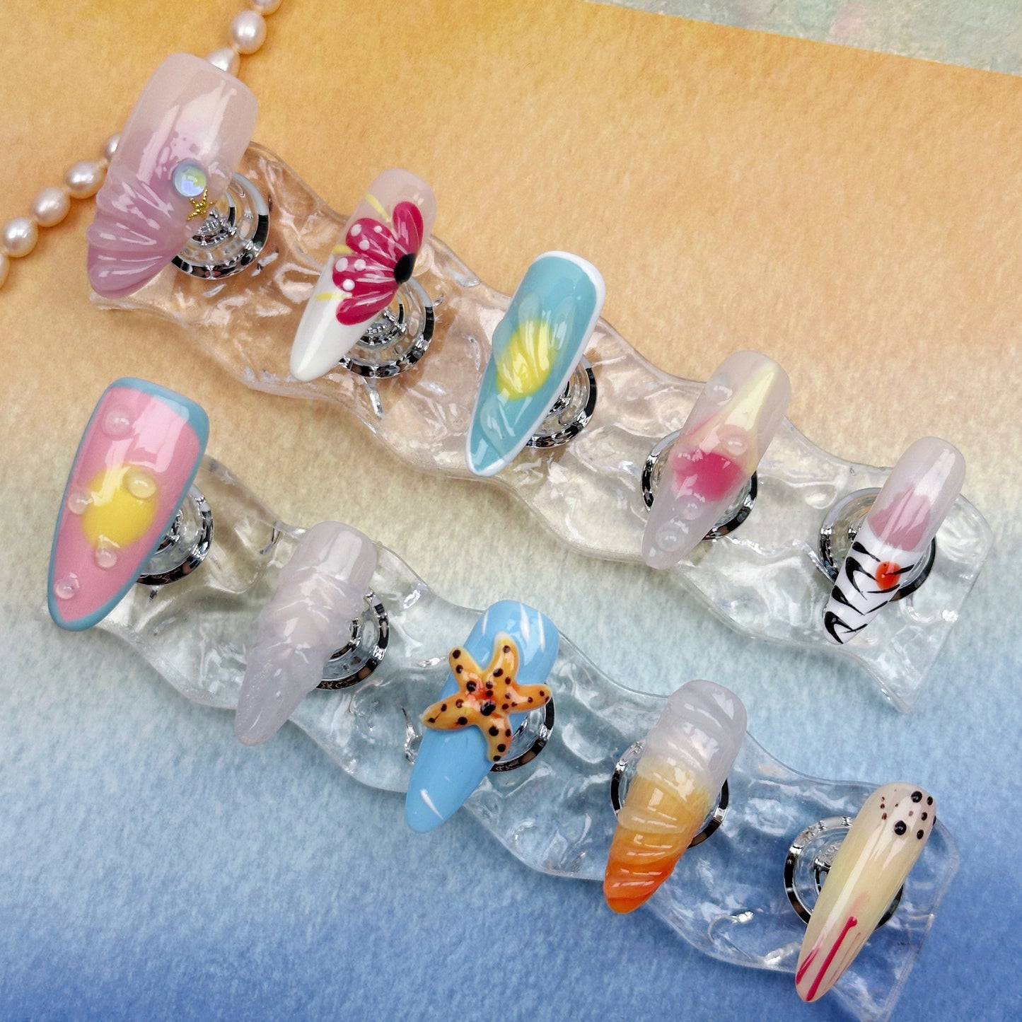 Tropical Vibes | Handmade Press-On Nails | Style No. A022 | Summer Colors, 3D Sea Life Accents, Reusable Nail Set