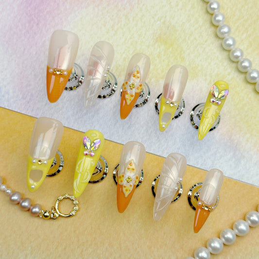 Citrus Bloom | Handmade Press-On Nails | Style No. A023 | Orange & Yellow Tips, Butterfly & Floral Accents, Reusable Nail Set