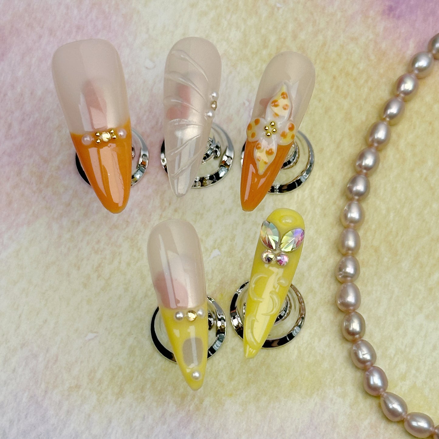Citrus Bloom | Handmade Press-On Nails | Style No. A023 | Orange & Yellow Tips, Butterfly & Floral Accents, Reusable Nail Set