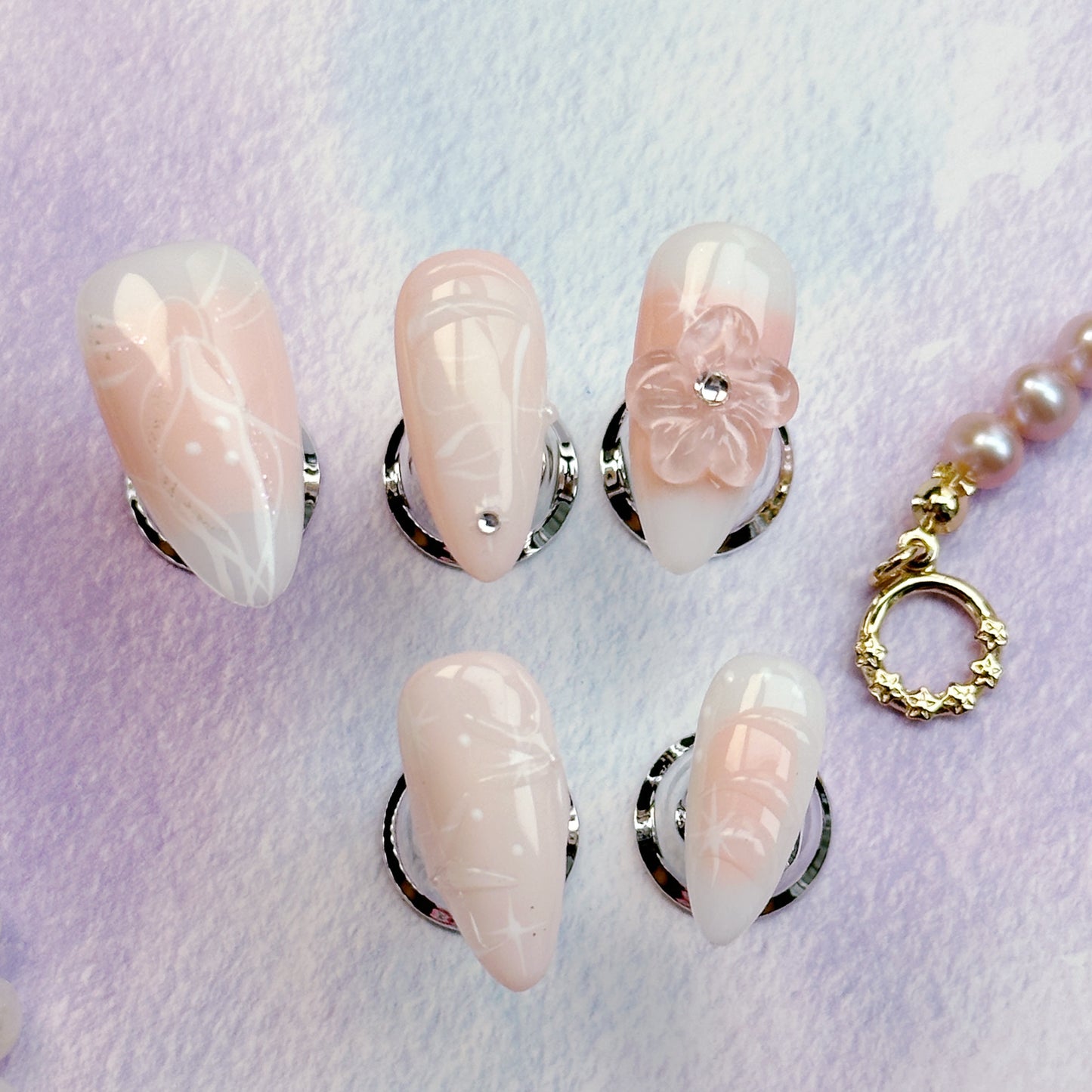 Blush Petals | Handmade Press-On Nails | Style No. G026 | Nude French Base, 3D Floral Carving, Reusable Elegant Nail Set