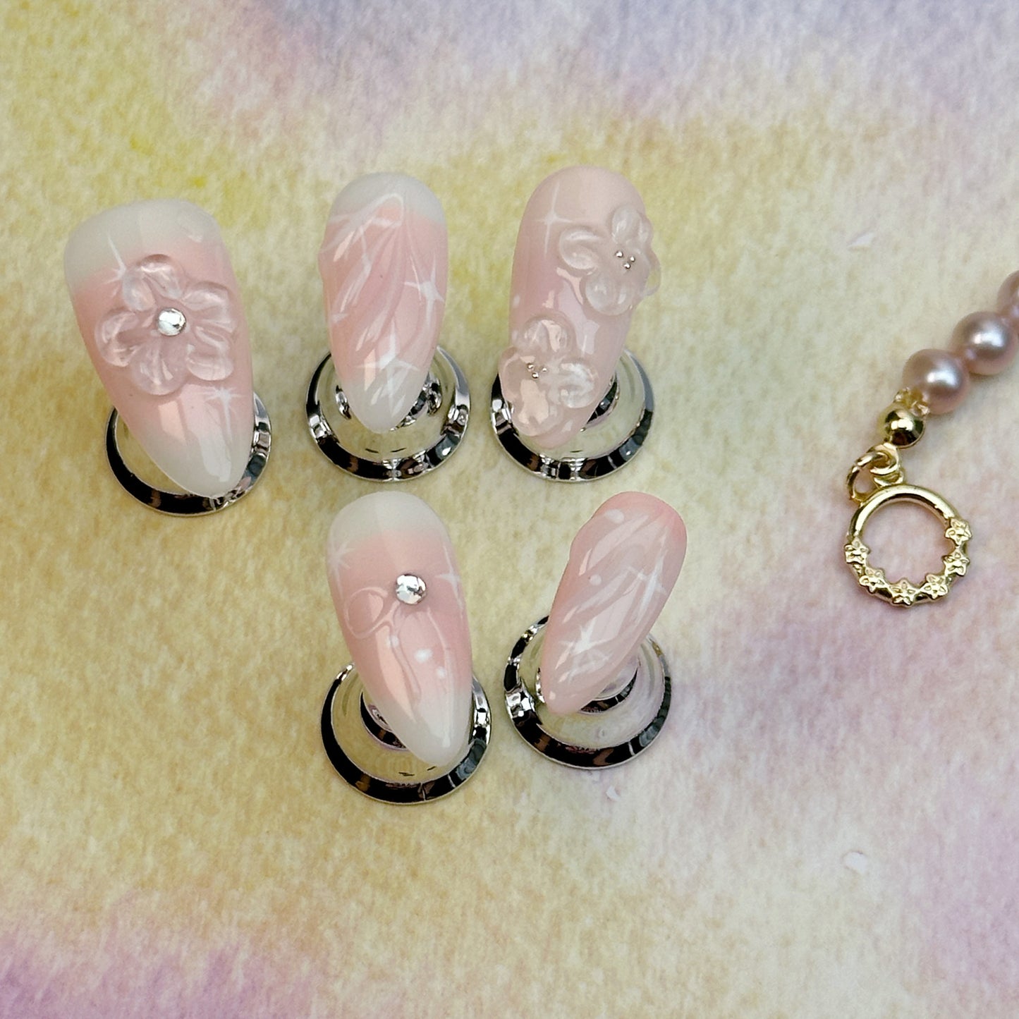Blush Petals | Handmade Press-On Nails | Style No. G026 | Nude French Base, 3D Floral Carving, Reusable Elegant Nail Set