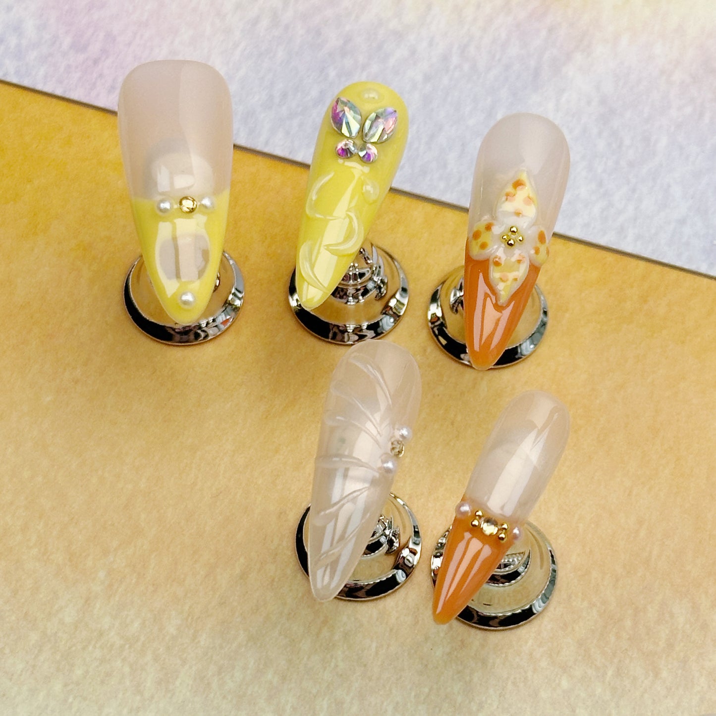 Citrus Bloom | Handmade Press-On Nails | Style No. A023 | Orange & Yellow Tips, Butterfly & Floral Accents, Reusable Nail Set