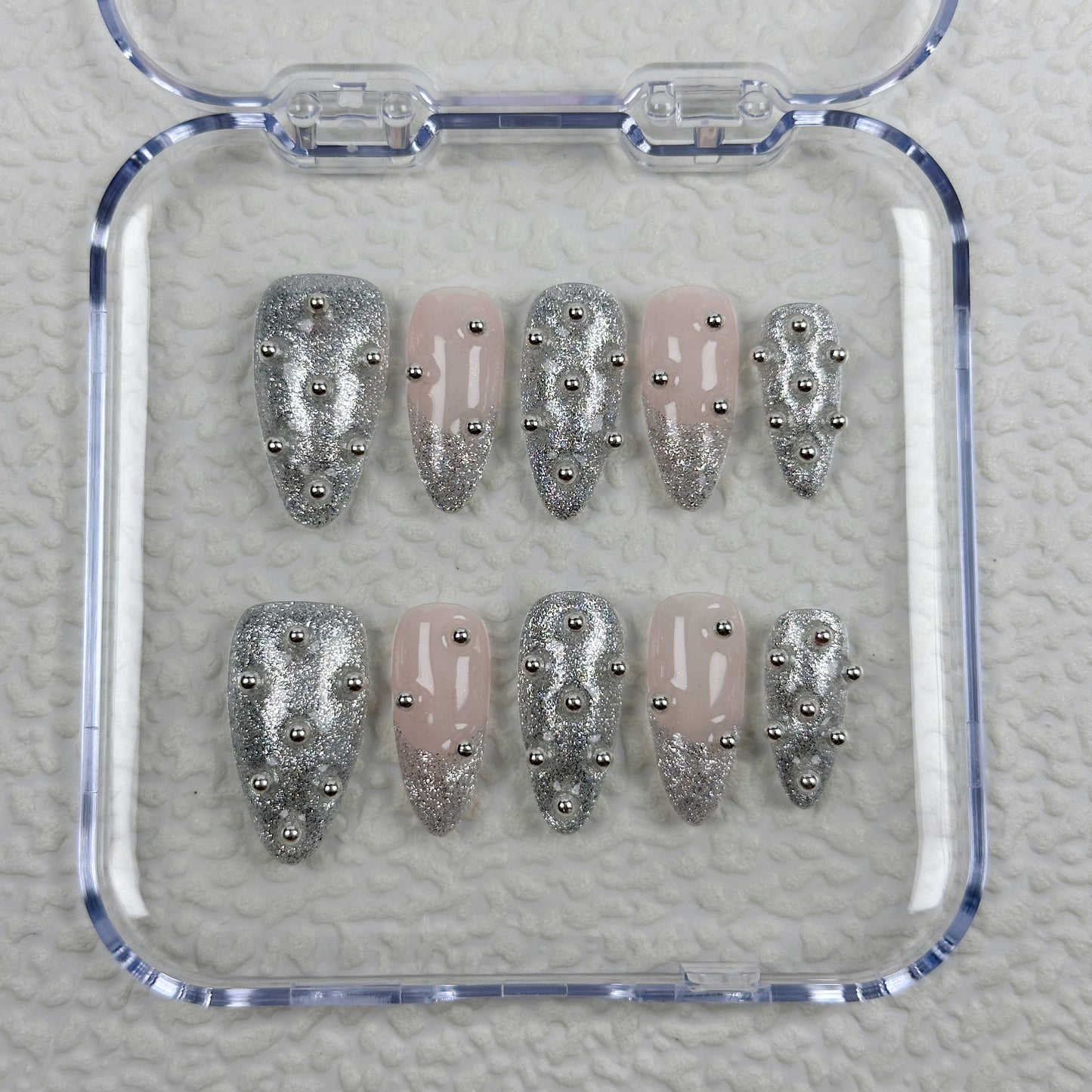 * Silver Stud Glam | Handmade Press-On Nails | Style No. A047 | Nude & Glitter Silver with 3D Chrome Beads