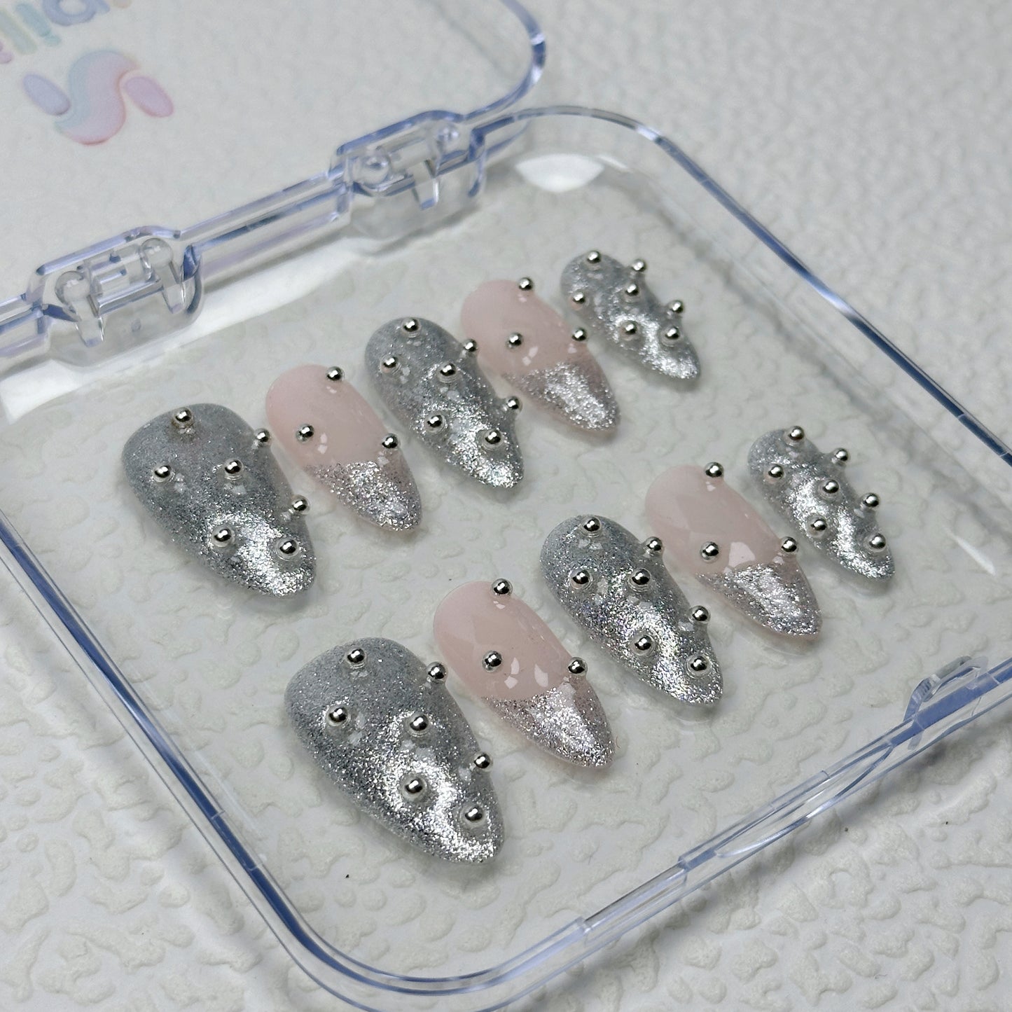 * Silver Stud Glam | Handmade Press-On Nails | Style No. A047 | Nude & Glitter Silver with 3D Chrome Beads