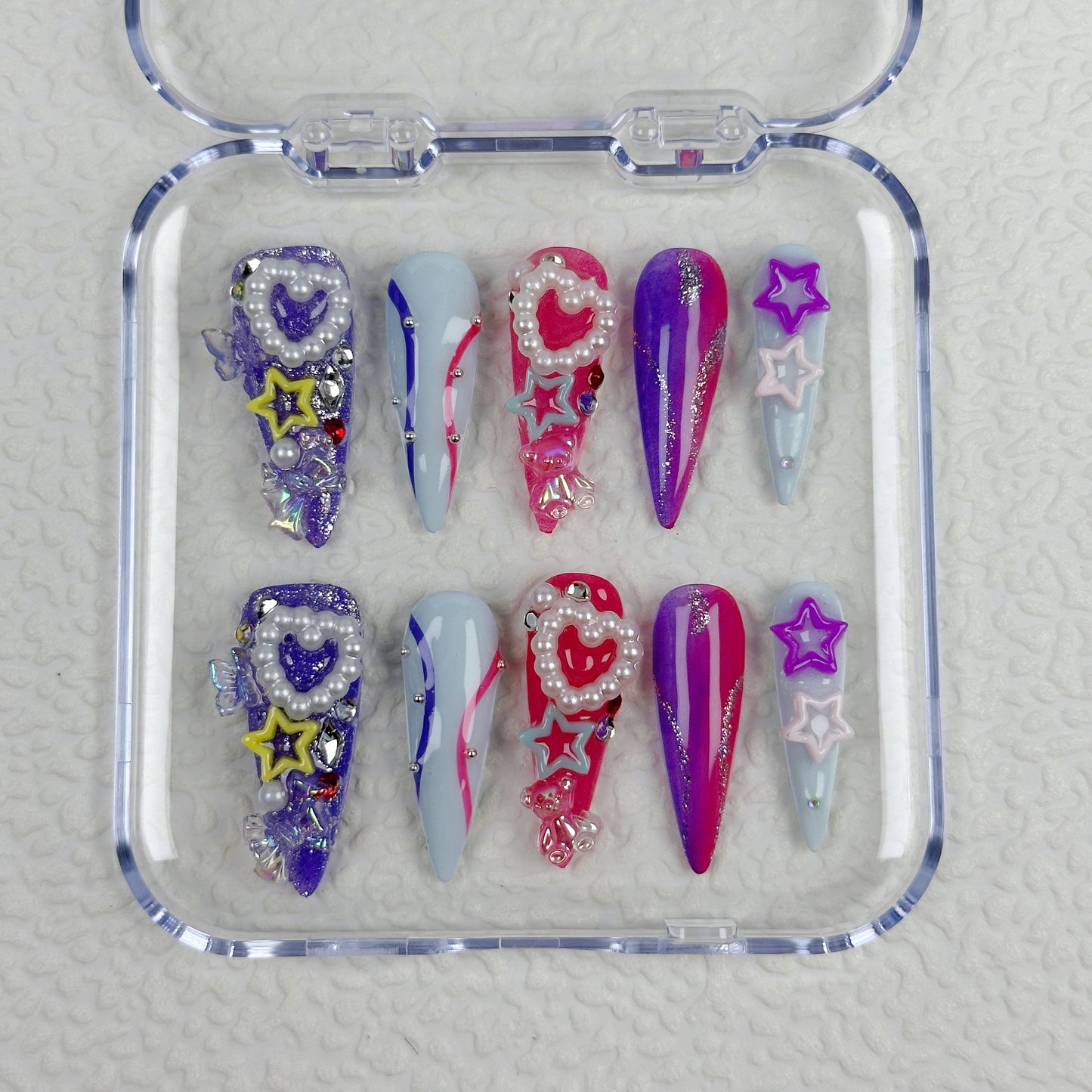 Galactic Pop | Handmade Press-On Nails | Style No. W101 | 3D Stars & Pearls, Pink Purple Gradient, Long Coffin Shape