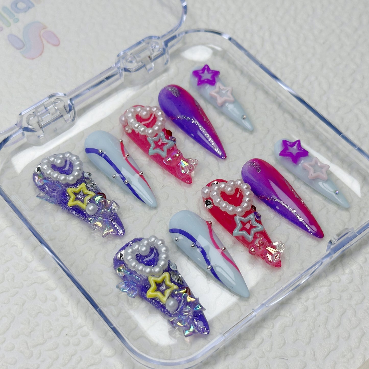 Galactic Pop | Handmade Press-On Nails | Style No. W101 | 3D Stars & Pearls, Pink Purple Gradient, Long Coffin Shape