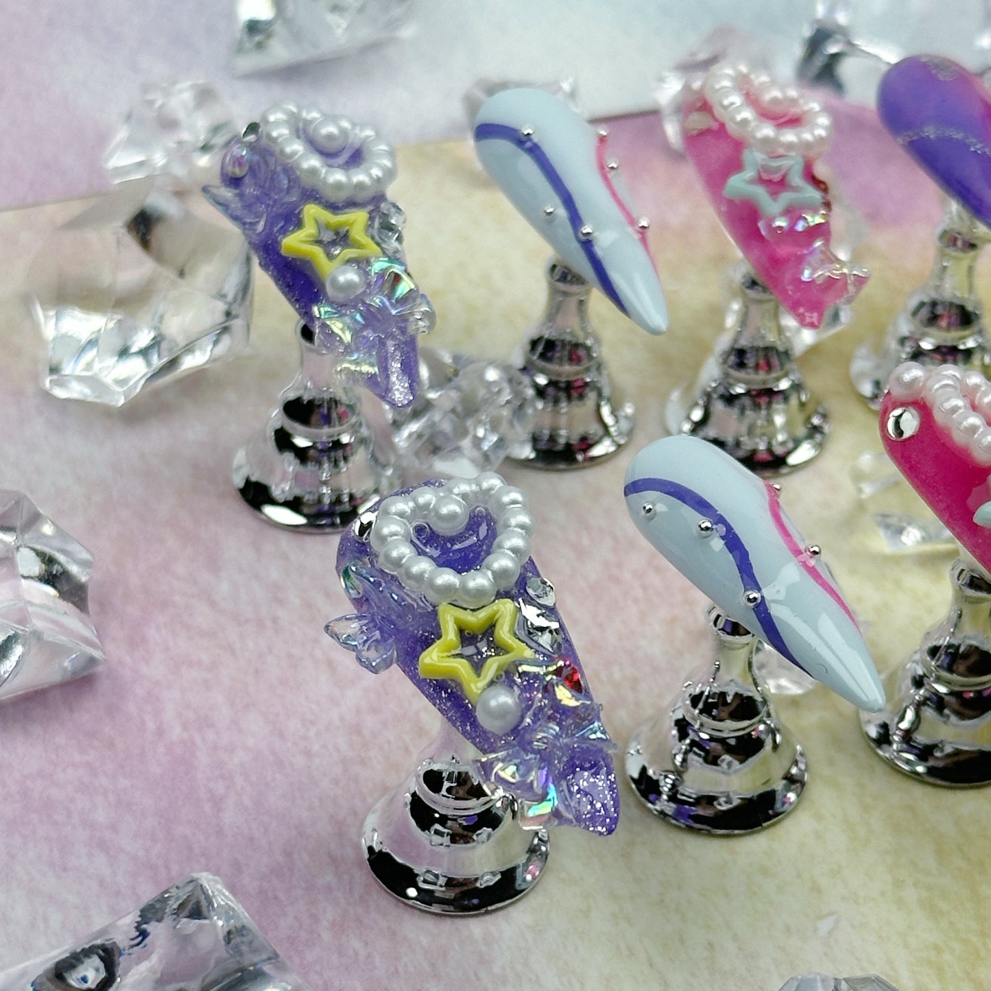 Galactic Pop | Handmade Press-On Nails | Style No. W101 | 3D Stars & Pearls, Pink Purple Gradient, Long Coffin Shape