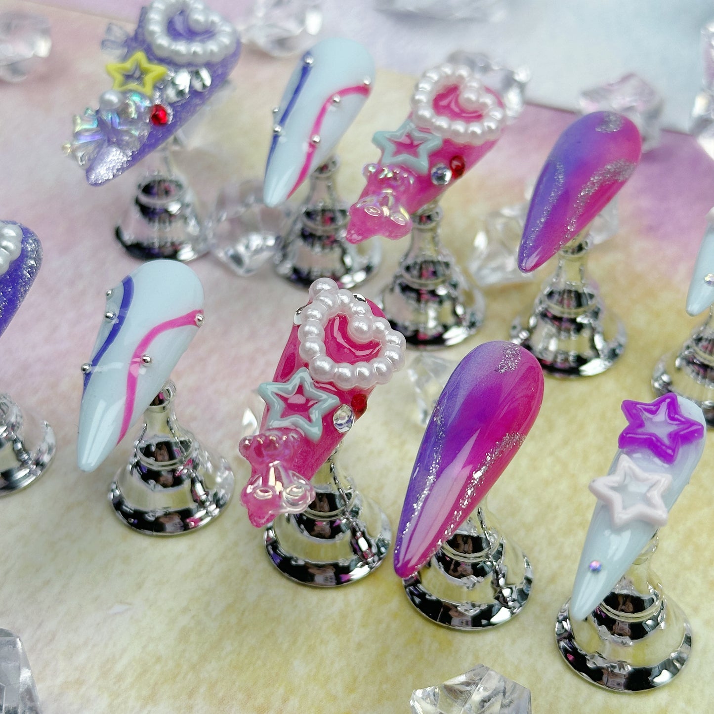 Galactic Pop | Handmade Press-On Nails | Style No. W101 | 3D Stars & Pearls, Pink Purple Gradient, Long Coffin Shape