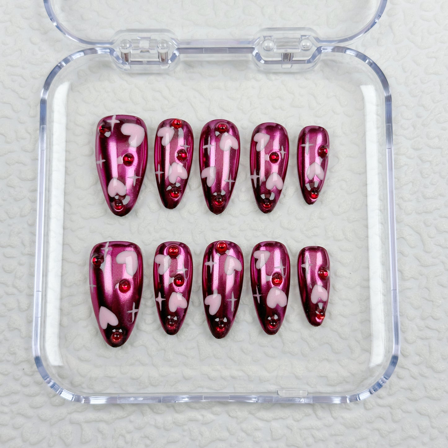 * Gothic Heartbeat | Handmade Press-On Nails | Style No. A044 | Glow-in-the-Dark Pink Heart on Burgundy Chrome