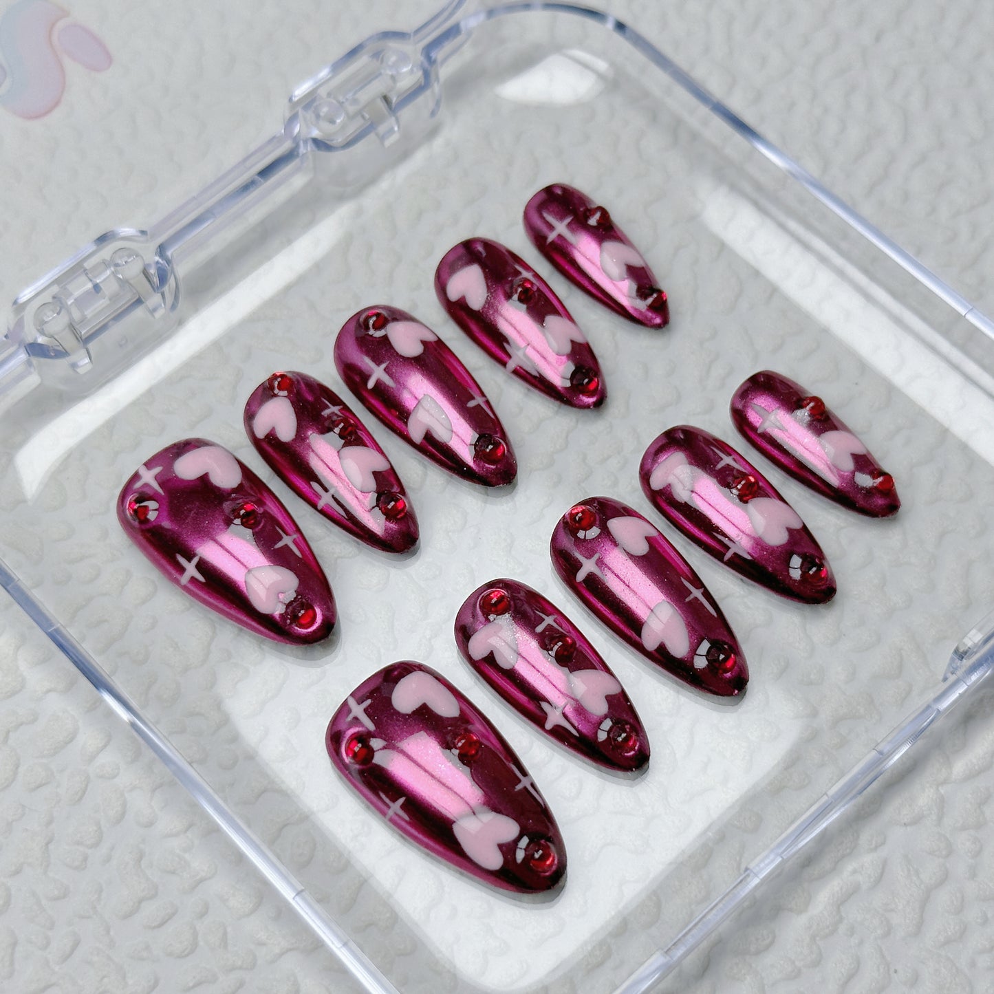 * Gothic Heartbeat | Handmade Press-On Nails | Style No. A044 | Glow-in-the-Dark Pink Heart on Burgundy Chrome