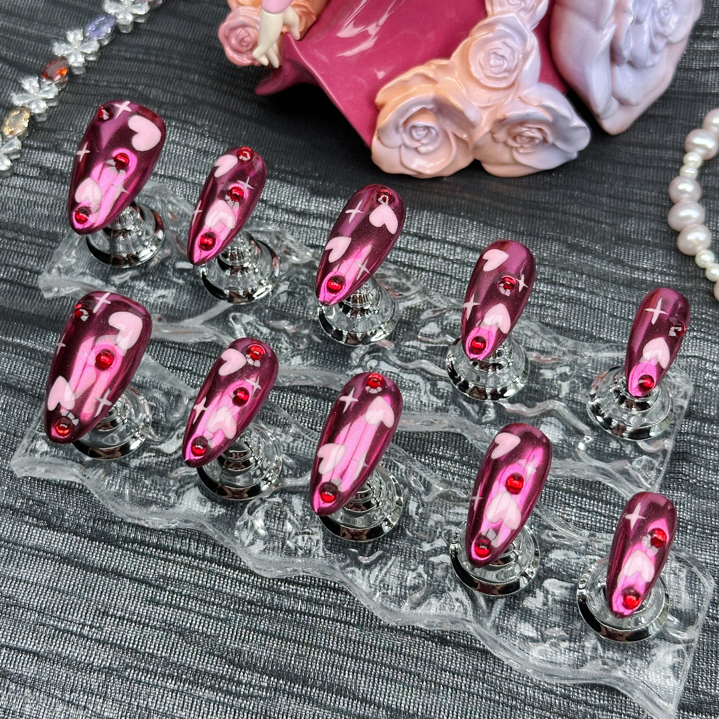 * Gothic Heartbeat | Handmade Press-On Nails | Style No. A044 | Glow-in-the-Dark Pink Heart on Burgundy Chrome