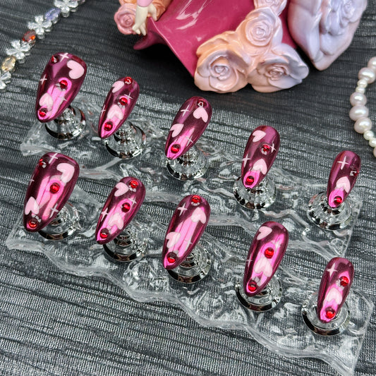 * Gothic Heartbeat | Handmade Press-On Nails | Style No. A044 | Glow-in-the-Dark Pink Heart on Burgundy Chrome