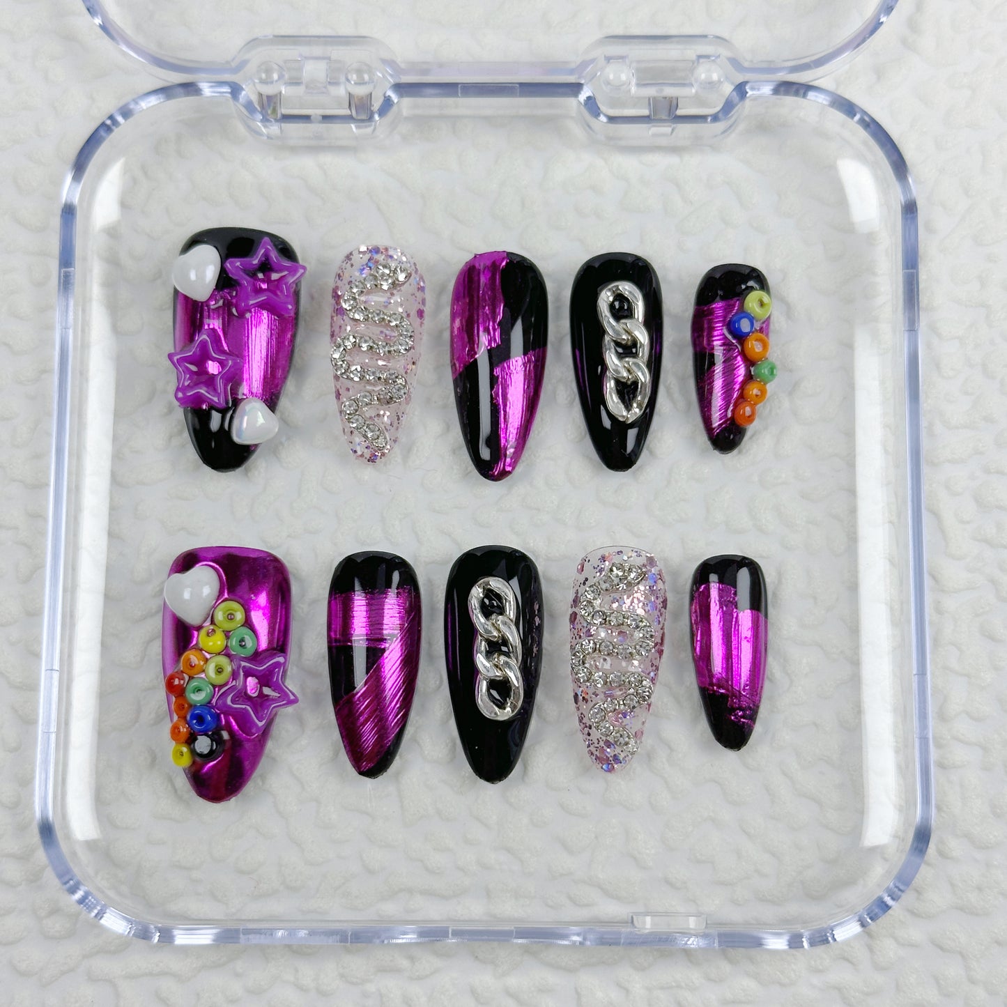 * Cyber Pop | Handmade Press-On Nails | Style No. A045 | Metallic Pink + Chains + Stars + Beads