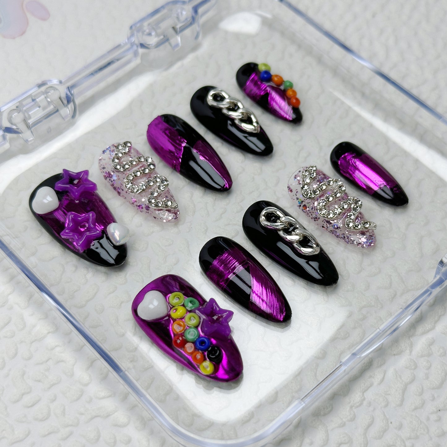 * Cyber Pop | Handmade Press-On Nails | Style No. A045 | Metallic Pink + Chains + Stars + Beads