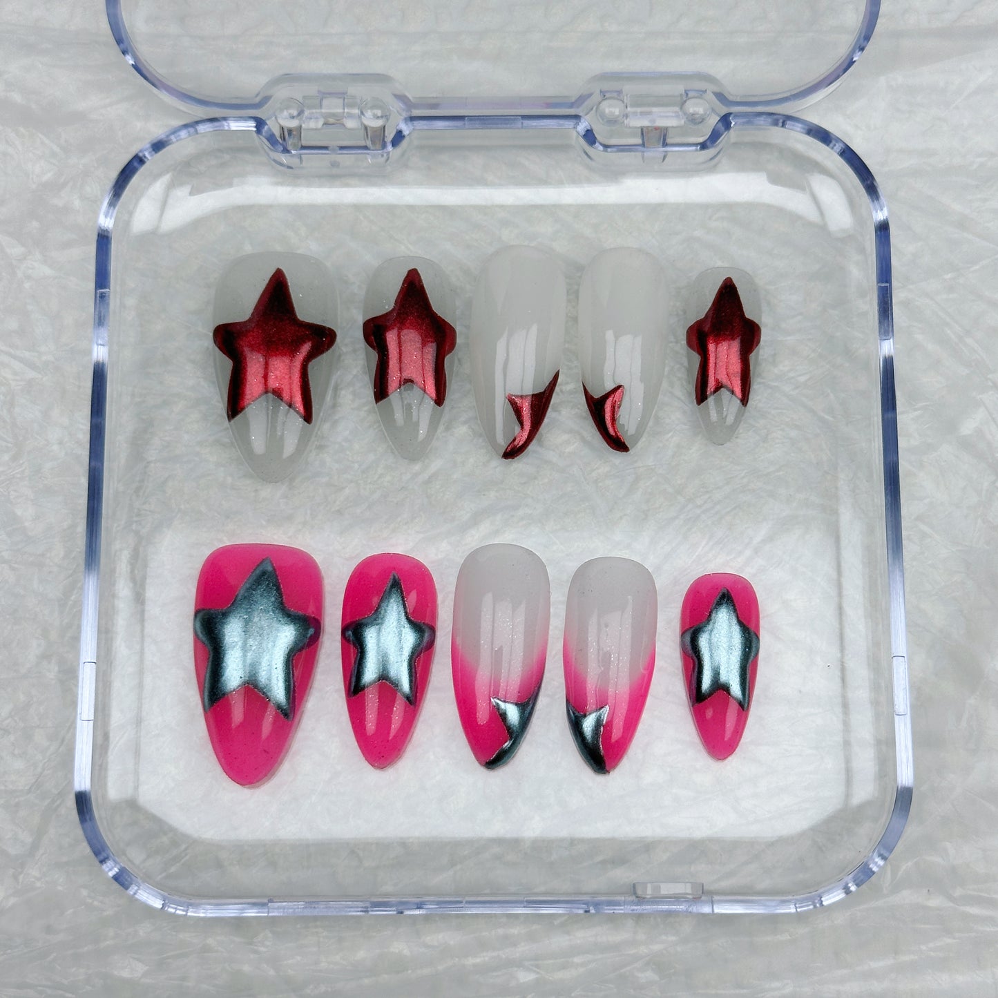 Starlight Glow | Handmade Press-On Nails | Style No. A040 | Glow-in-the-Dark Stars, Pink Ombre, Almond Shape