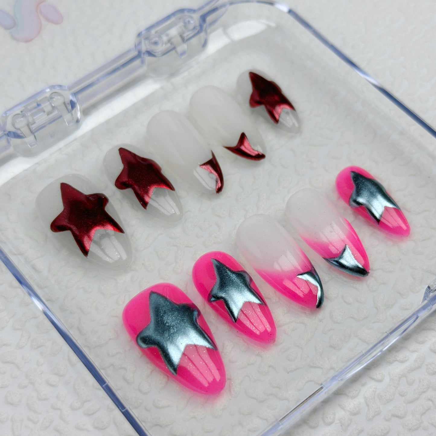 Starlight Glow | Handmade Press-On Nails | Style No. A040 | Glow-in-the-Dark Stars, Pink Ombre, Almond Shape