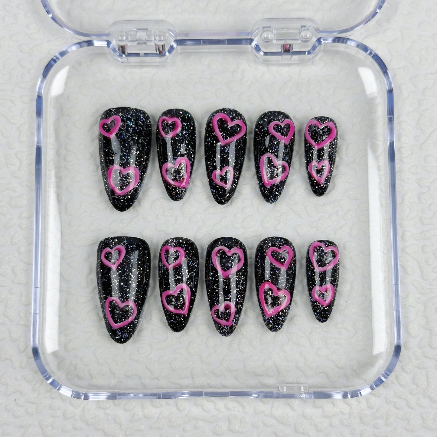 * Black Pink Heart Spark | Handmade Press-On Nails | Style No. A042 | Glow-in-the-Dark Pink Hearts on Glitter Black