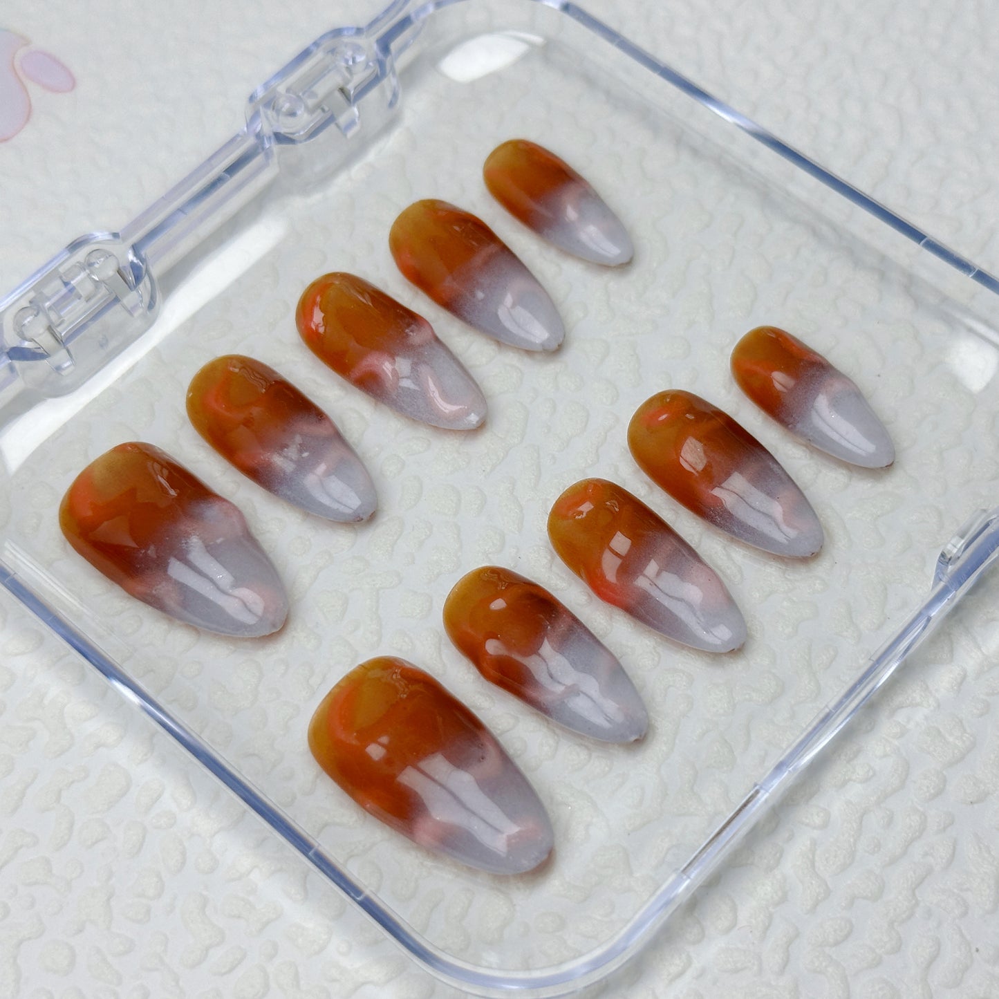 Amber Mist | Handmade Press-On Nails | Style No. A043 | Glow-in-the-Dark Gradient Brown-White