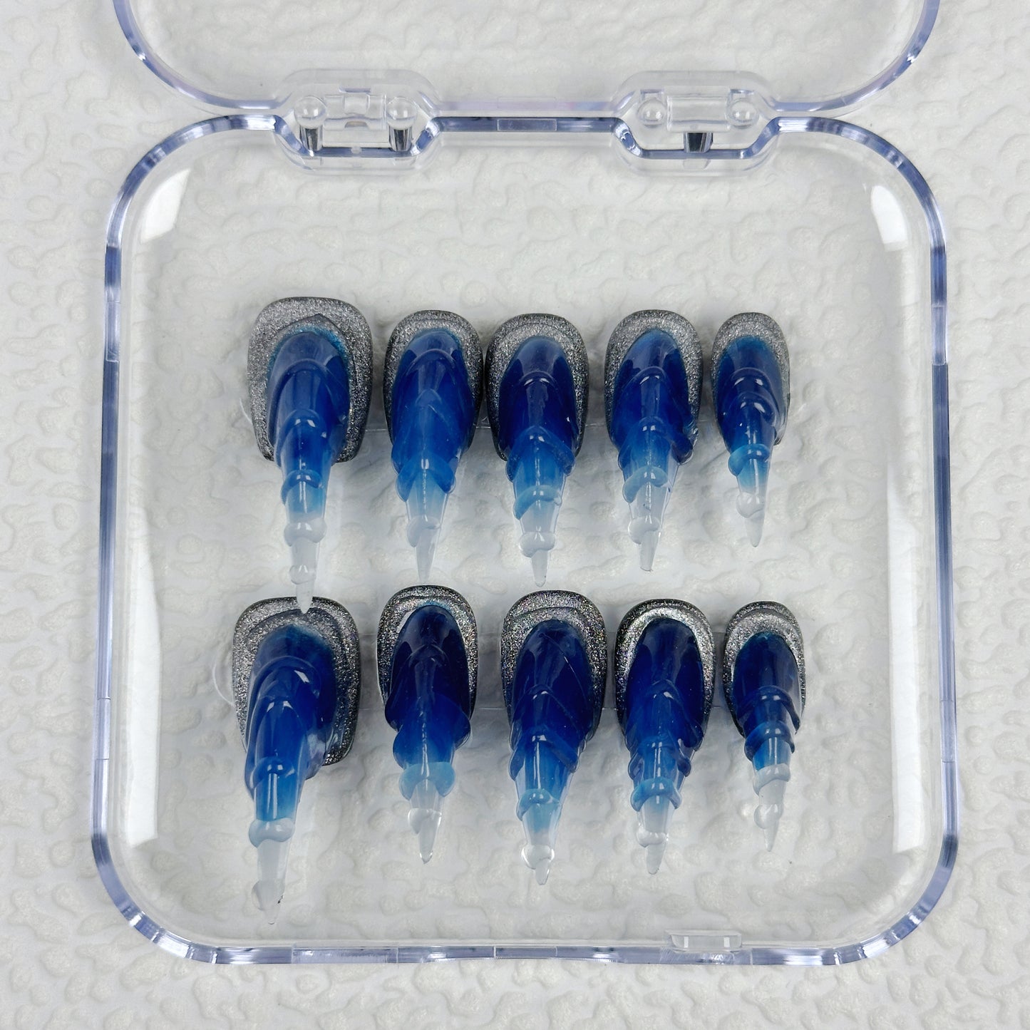 * Deep Sea Glow | Handmade Press-On Nails | Style No. A041 | Glow-in-the-Dark Spiral Tips, Ocean Blue & Silver Glitter