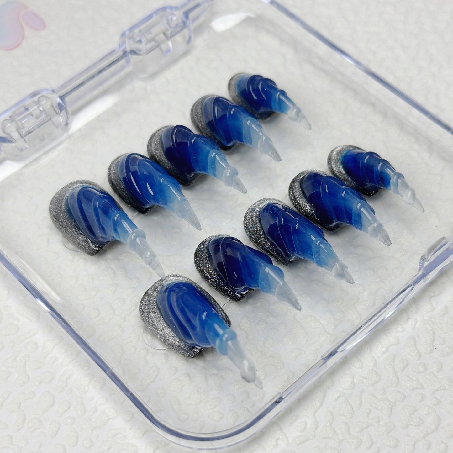 * Deep Sea Glow | Handmade Press-On Nails | Style No. A041 | Glow-in-the-Dark Spiral Tips, Ocean Blue & Silver Glitter