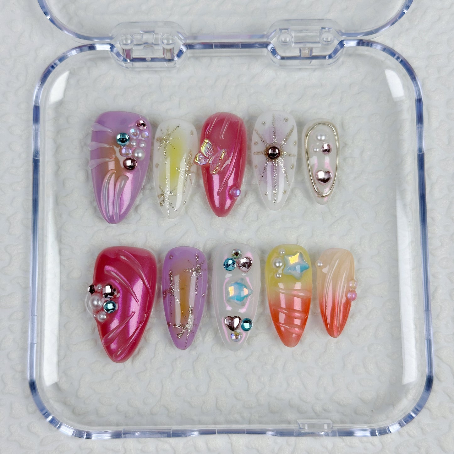 * Cotton Candy Dream | Handmade Press-On Nails | Style No. A046 | Iridescent Jelly Gradient + 3D Beads + Stars