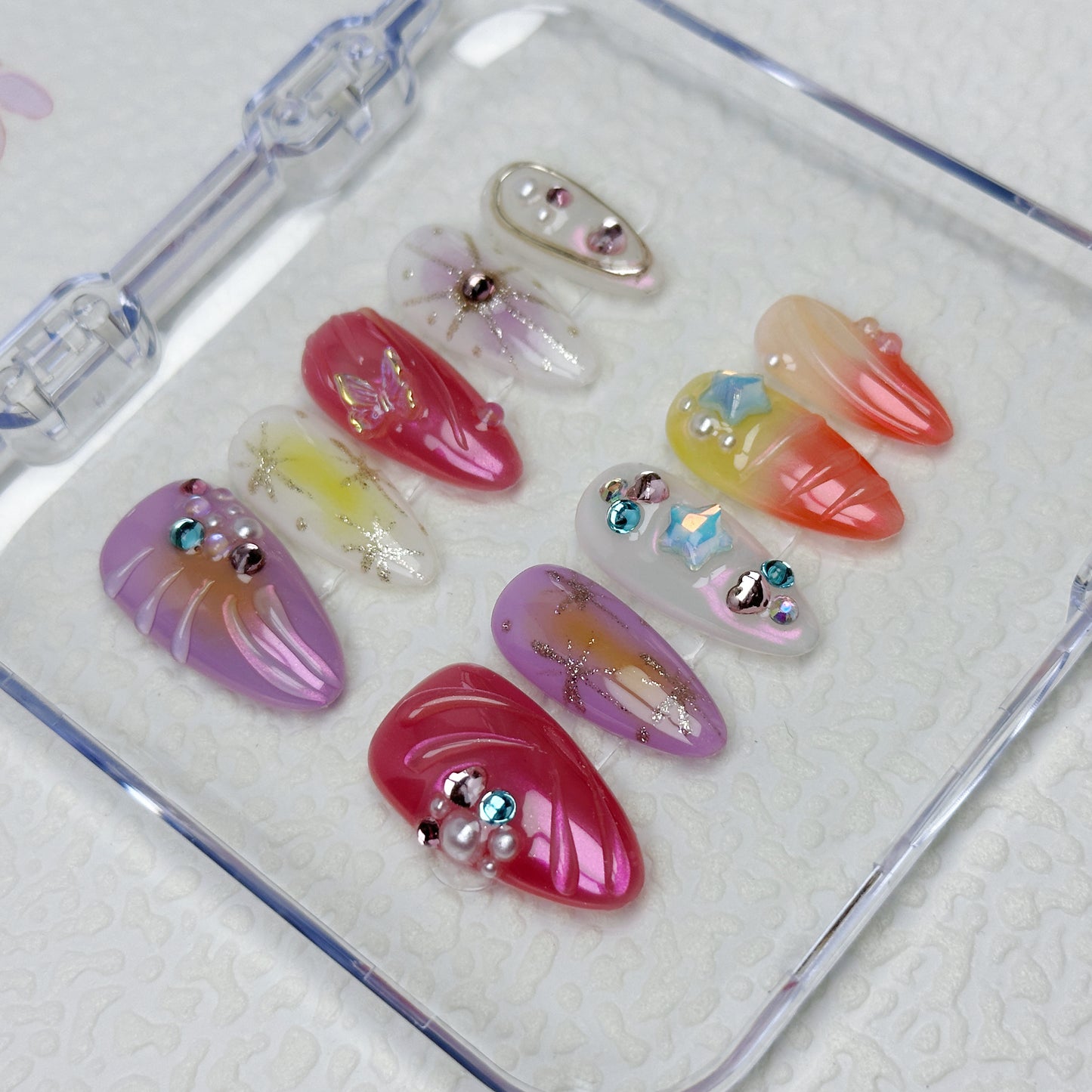 * Cotton Candy Dream | Handmade Press-On Nails | Style No. A046 | Iridescent Jelly Gradient + 3D Beads + Stars