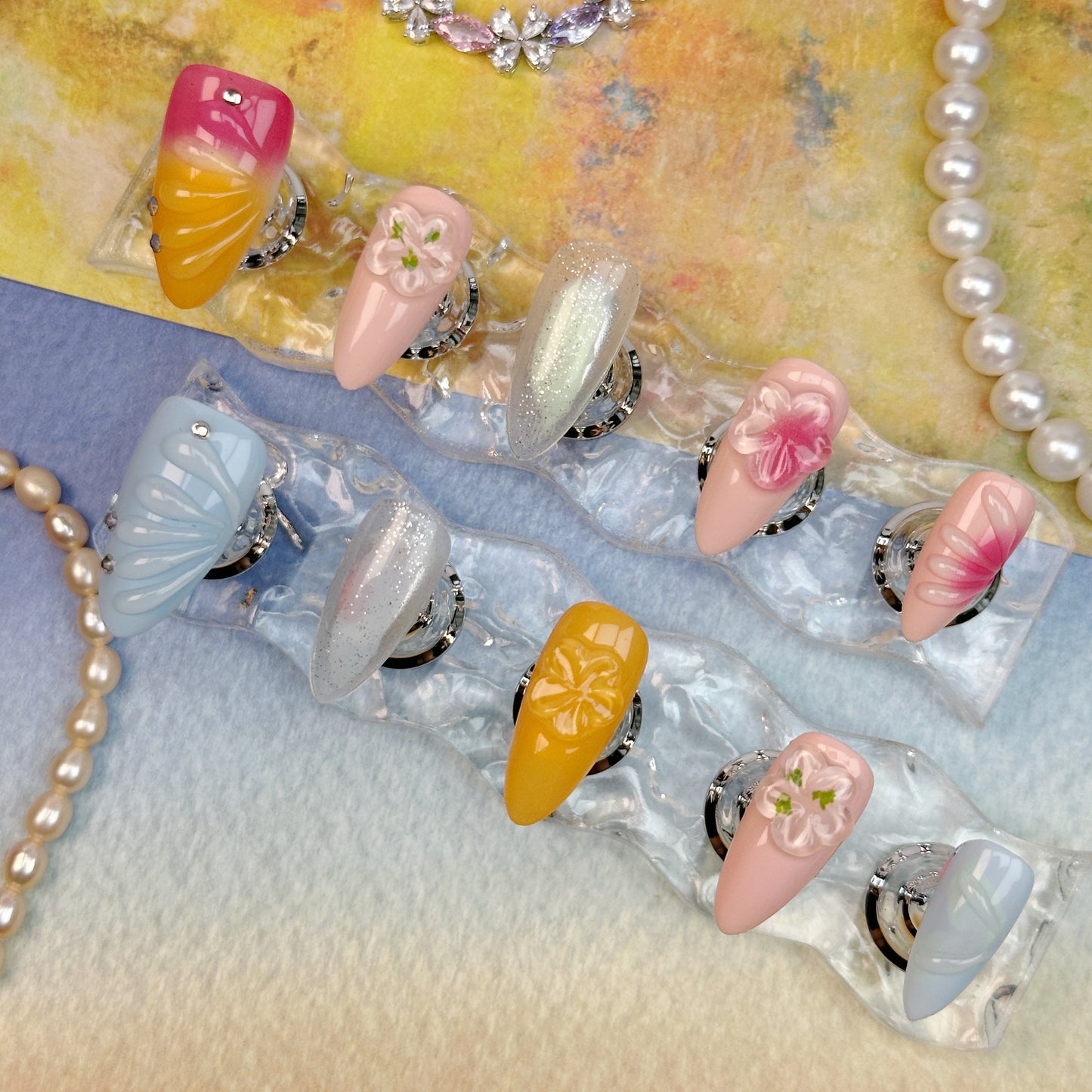 * Pastel Breeze | Handmade Press-On Nails | Style No. G030| Shell Texture, 3D Floral & Gradient Design, Reusable Spring Nail Set