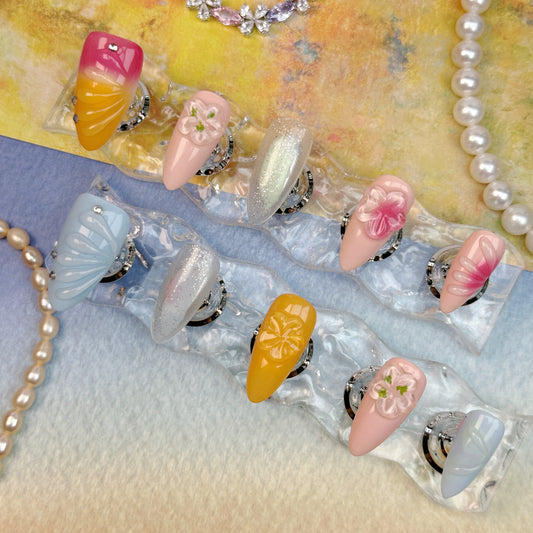 * Pastel Breeze | Handmade Press-On Nails | Style No. G030| Shell Texture, 3D Floral & Gradient Design, Reusable Spring Nail Set