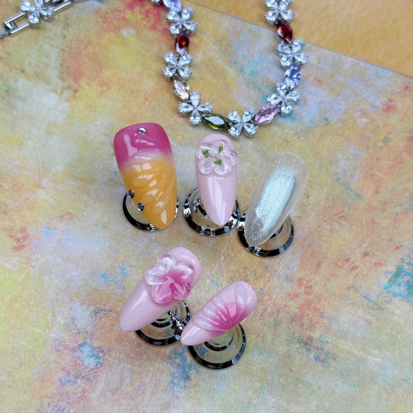 * Pastel Breeze | Handmade Press-On Nails | Style No. G030| Shell Texture, 3D Floral & Gradient Design, Reusable Spring Nail Set