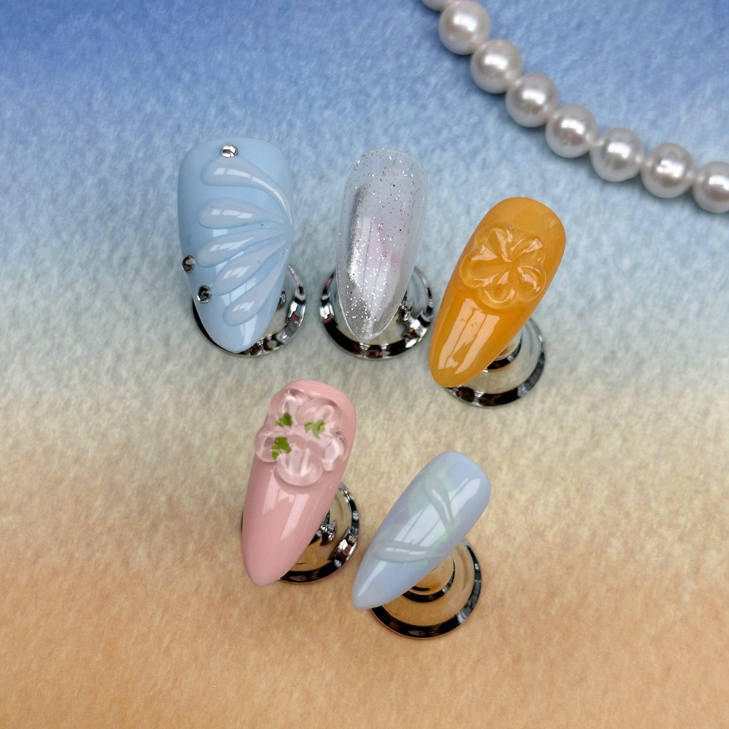 * Pastel Breeze | Handmade Press-On Nails | Style No. G030| Shell Texture, 3D Floral & Gradient Design, Reusable Spring Nail Set