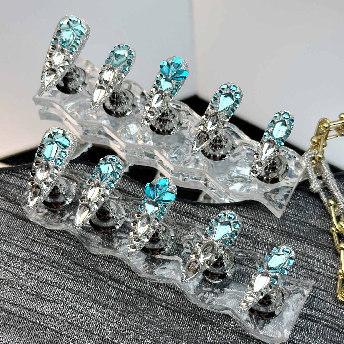 Crystal Ice Queen | Handmade Press-On Nails | Style No. A005 | Icy Blue Rhinestones, Silver Chrome Accents