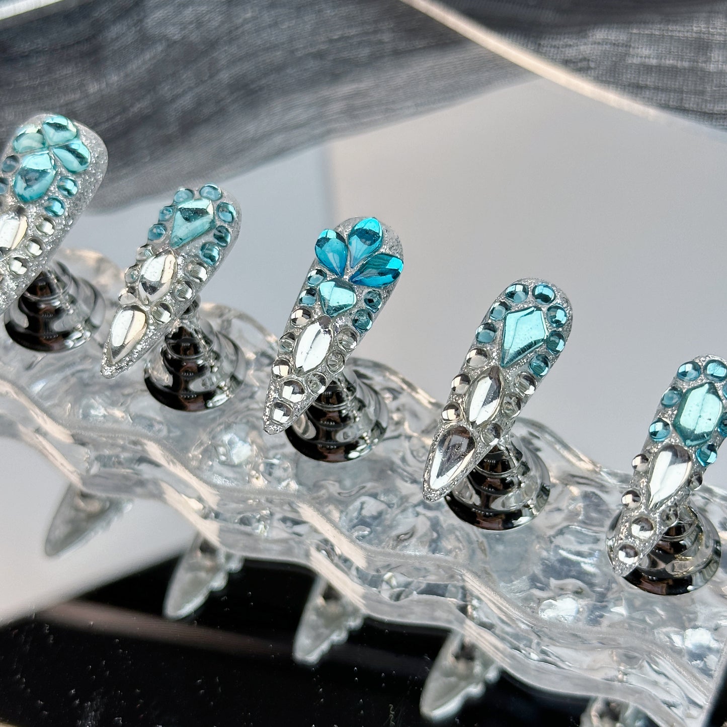 Crystal Ice Queen | Handmade Press-On Nails | Style No. A005 | Icy Blue Rhinestones, Silver Chrome Accents