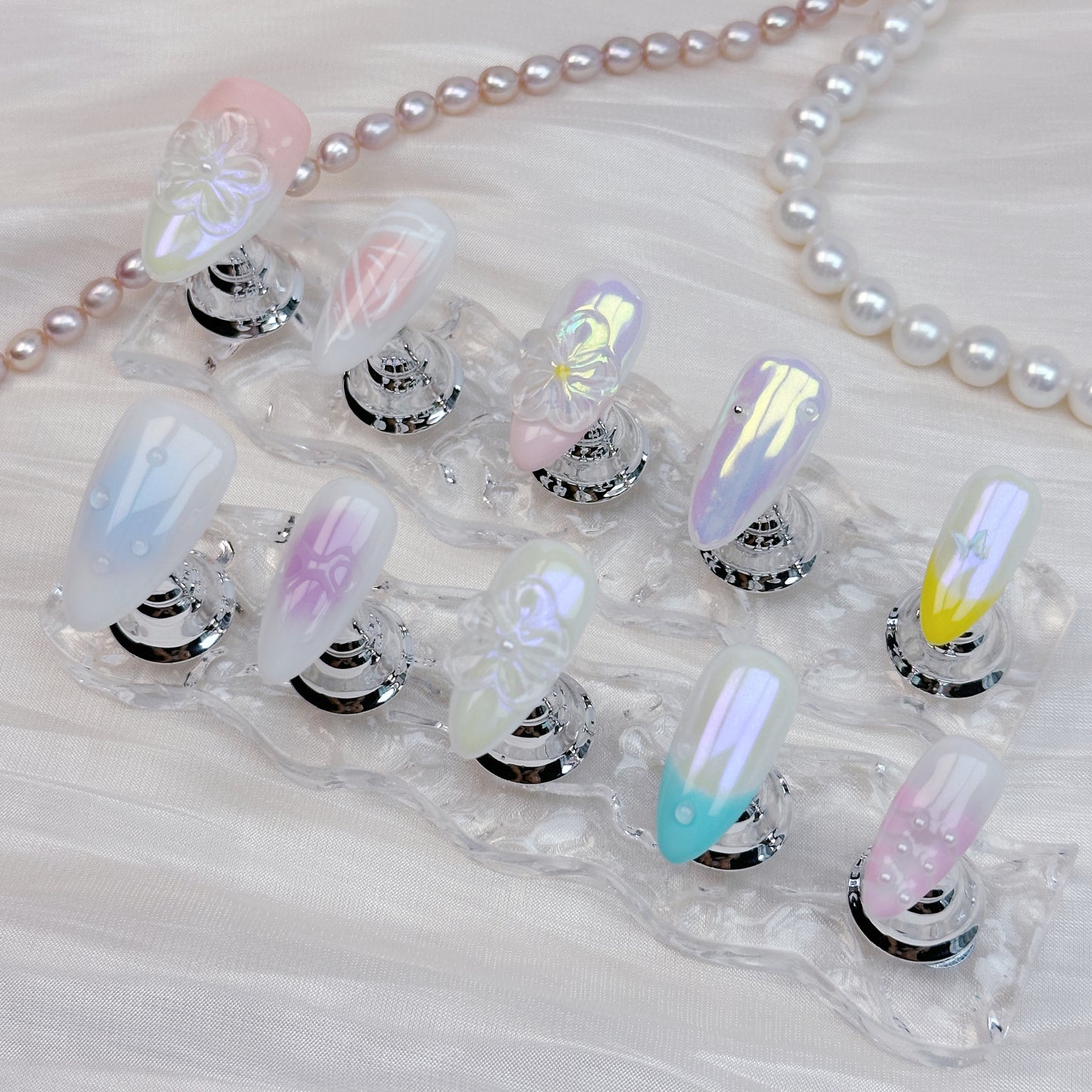 Iridescent Bloom | Handmade Press-On Nails | Style No. G028| Pastel Gradient, Chrome Shine & Floral Carving, Reusable Fairycore Nail Set