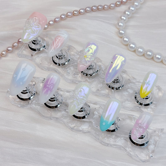 Iridescent Bloom | Handmade Press-On Nails | Style No. G028| Pastel Gradient, Chrome Shine & Floral Carving, Reusable Fairycore Nail Set
