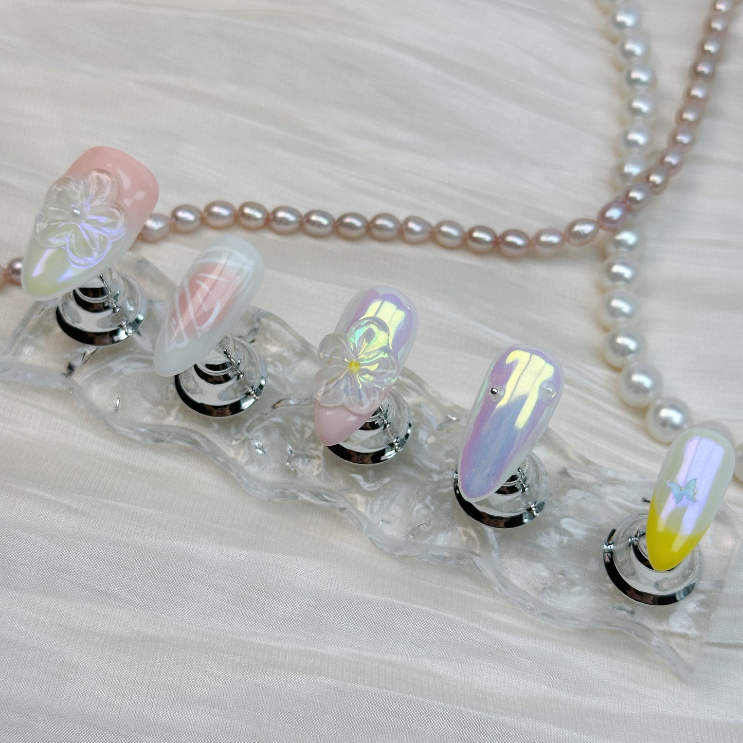 Iridescent Bloom | Handmade Press-On Nails | Style No. G028| Pastel Gradient, Chrome Shine & Floral Carving, Reusable Fairycore Nail Set