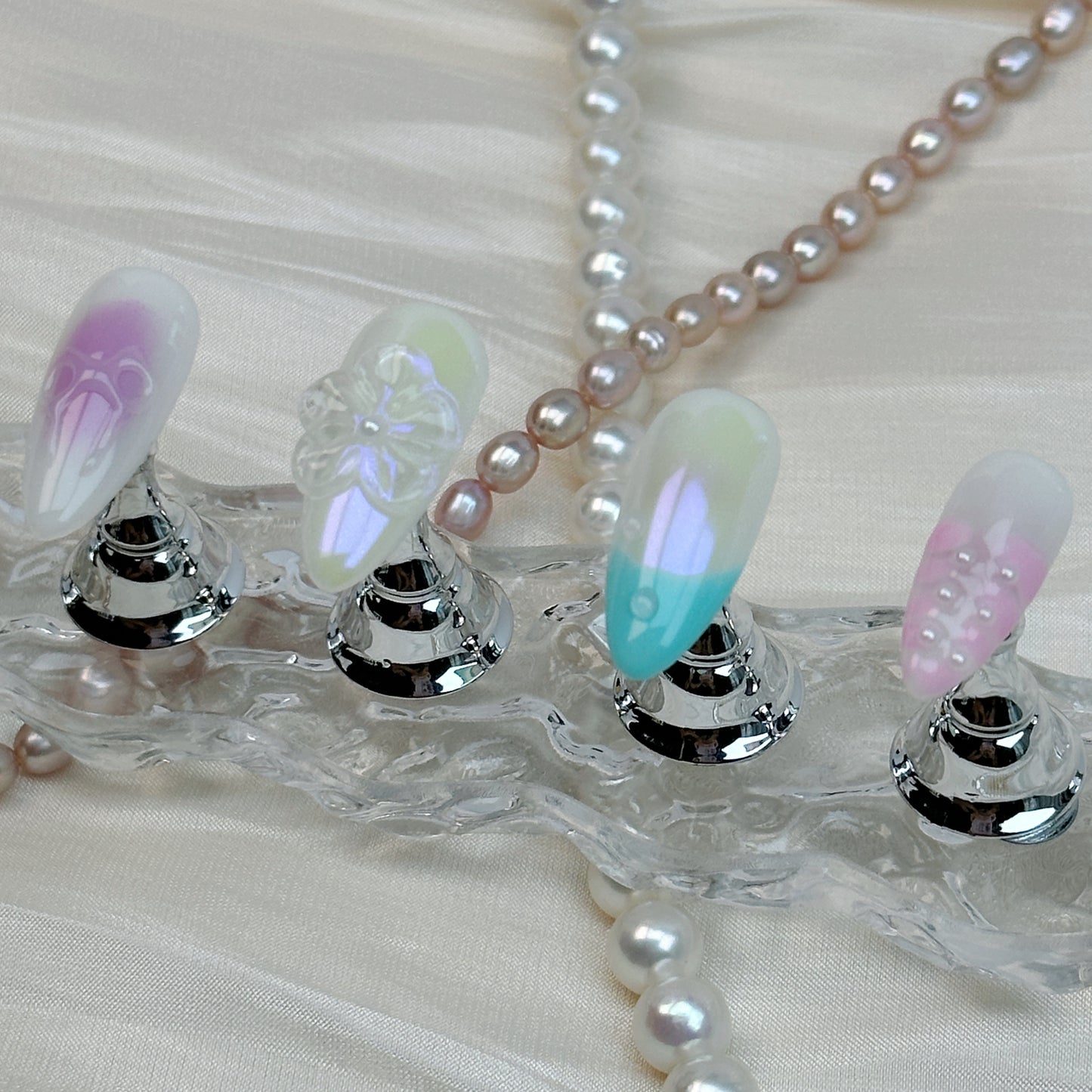 Iridescent Bloom | Handmade Press-On Nails | Style No. G028| Pastel Gradient, Chrome Shine & Floral Carving, Reusable Fairycore Nail Set