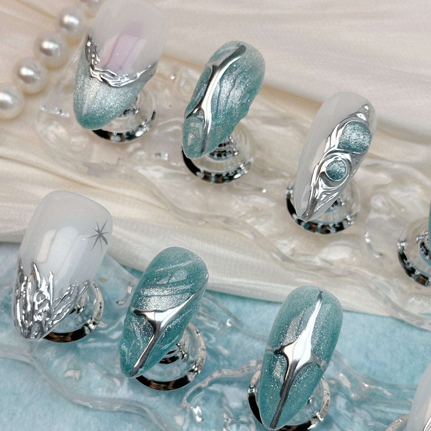 Glacier Edge | Handmade Press-On Nails | Style No. A035 | Teal Chrome Texture, Molten Silver Accents, Reusable Futuristic Nail Set
