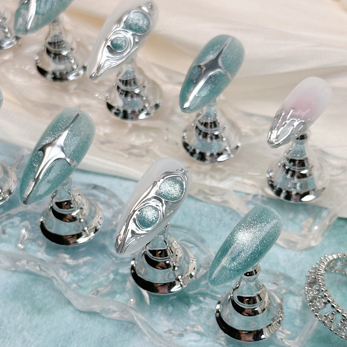 Glacier Edge | Handmade Press-On Nails | Style No. A035 | Teal Chrome Texture, Molten Silver Accents, Reusable Futuristic Nail Set