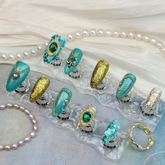 * Emerald Baroque | Handmade Press-On Nails | Style No. A002 | Reusable, Long-Lasting, Luxury Nail Set
