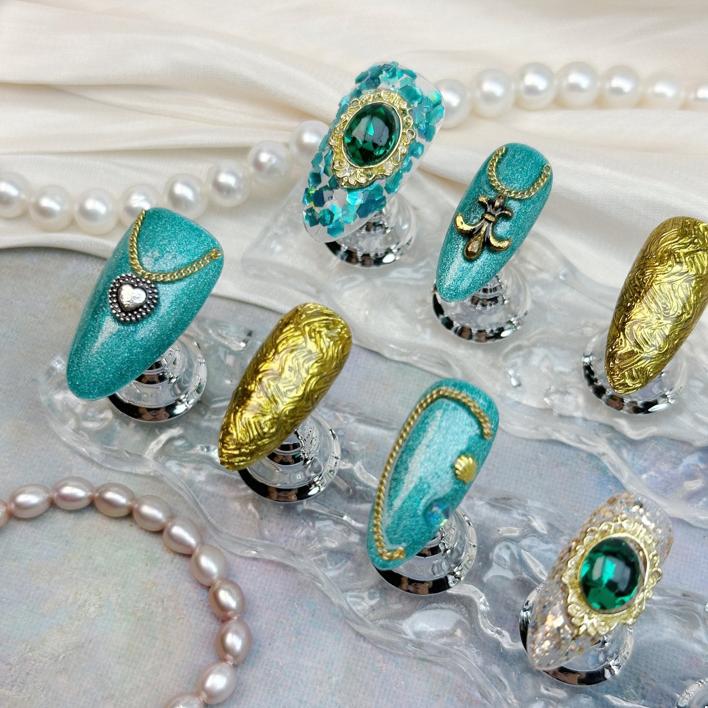 * Emerald Baroque | Handmade Press-On Nails | Style No. A002 | Reusable, Long-Lasting, Luxury Nail Set