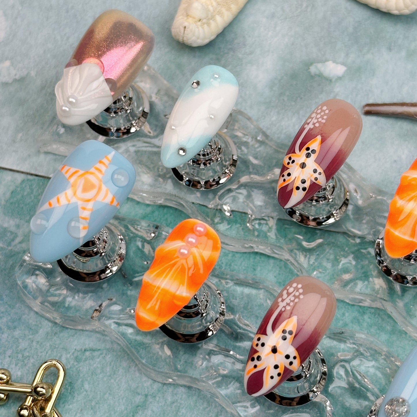* Seaside Story | Handmade Press-On Nails | Style No. G001| Starfish & Seashell Design, Ocean Blue & Sunset Orange, Reusable Beach-Inspired Nail Set