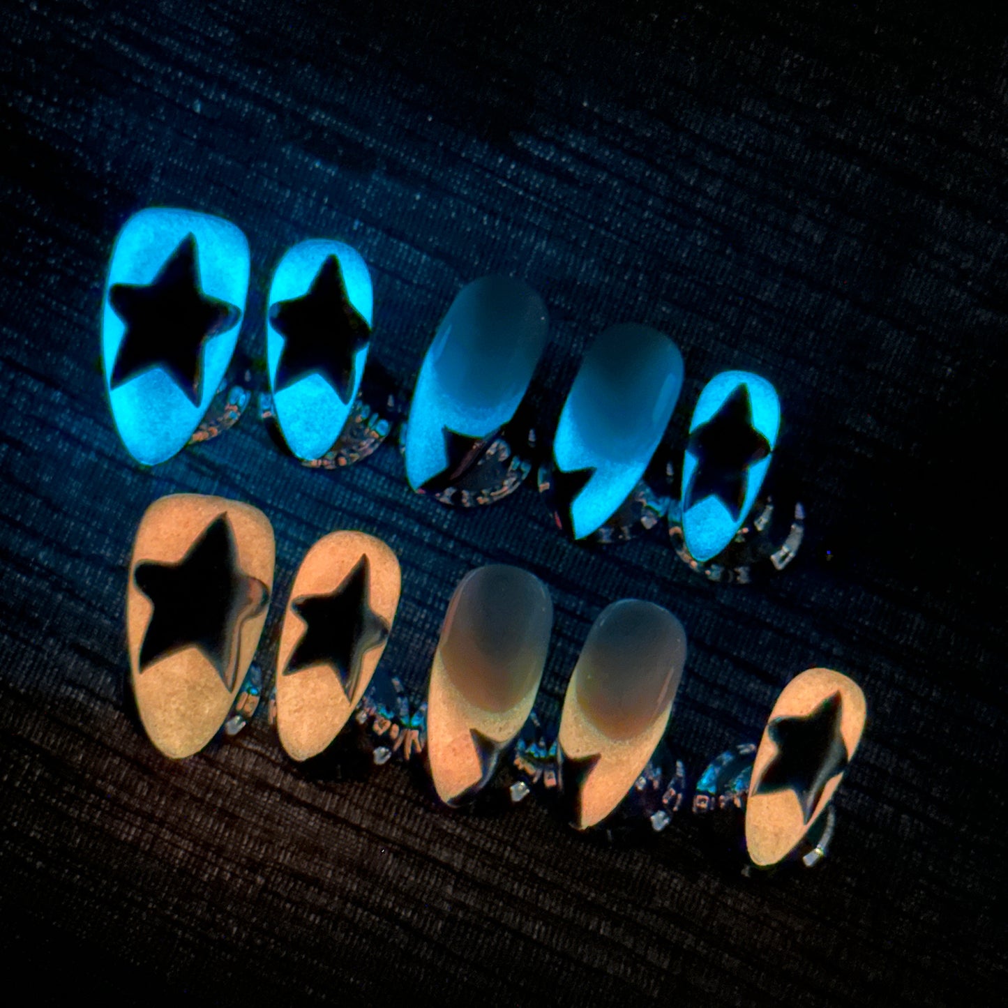 Starlight Glow | Handmade Press-On Nails | Style No. A040 | Glow-in-the-Dark Stars, Pink Ombre, Almond Shape