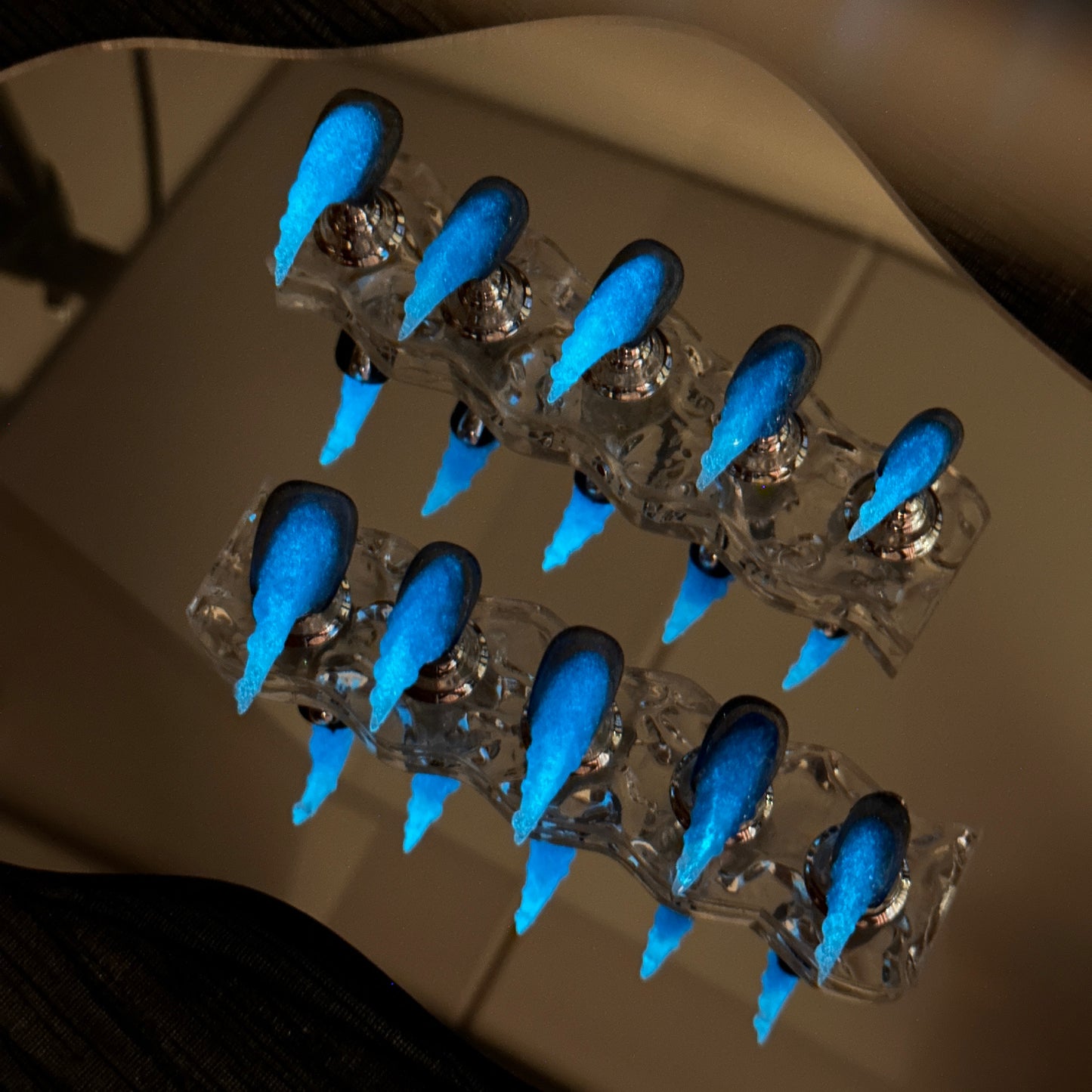 * Deep Sea Glow | Handmade Press-On Nails | Style No. A041 | Glow-in-the-Dark Spiral Tips, Ocean Blue & Silver Glitter