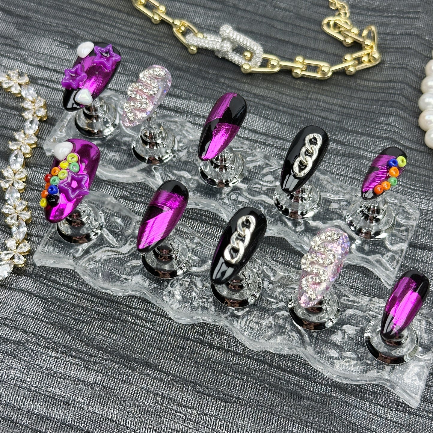 * Cyber Pop | Handmade Press-On Nails | Style No. A045 | Metallic Pink + Chains + Stars + Beads